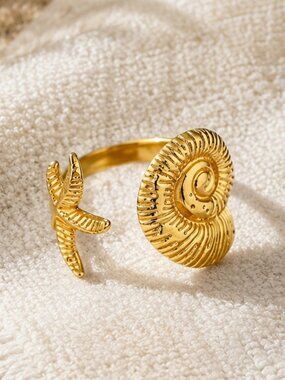 18K Gold Plated Starfish Seashell Open Ring Stainless Steel Coastal Beach NEW